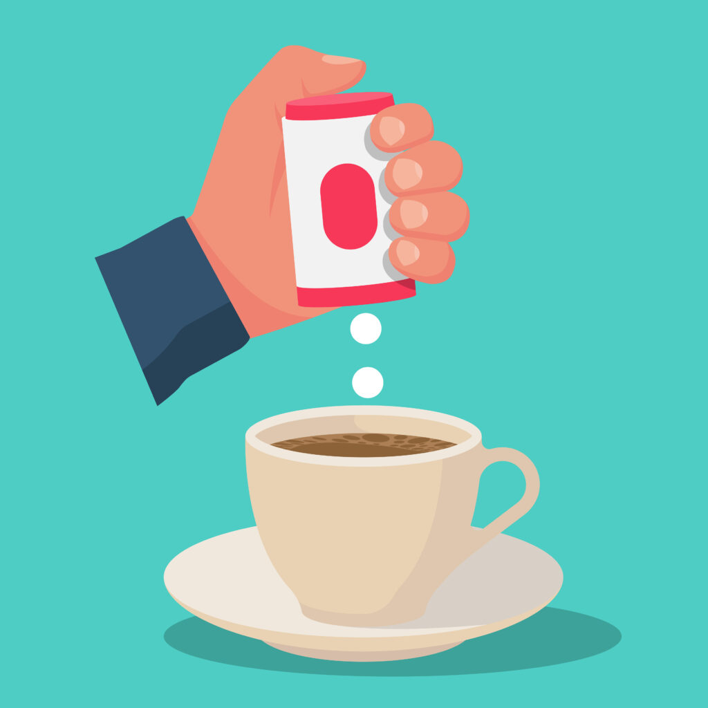 Vector illustration: Hand drückt Süßstoff in eine Tasse Kaffee