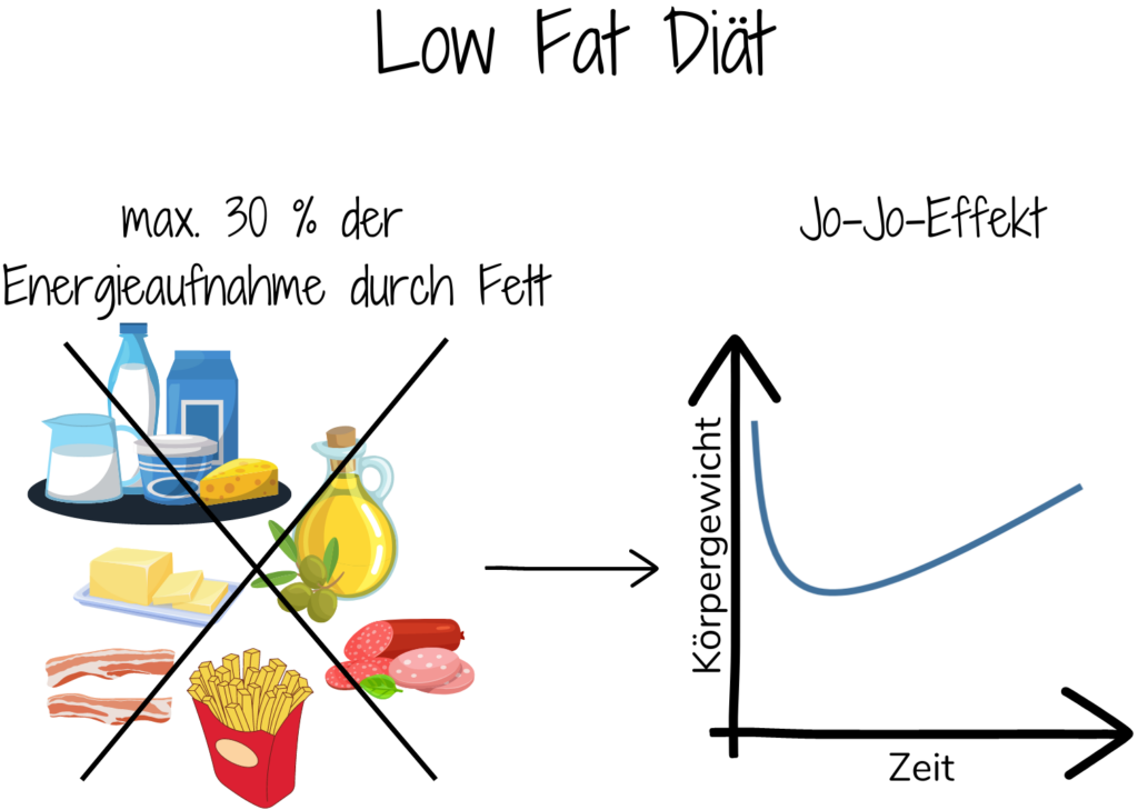Links sind fettreiche Lebensmittel zu sehen, die durchgestrichen sind und rechts ist der JoJo-Effekt dargestellt