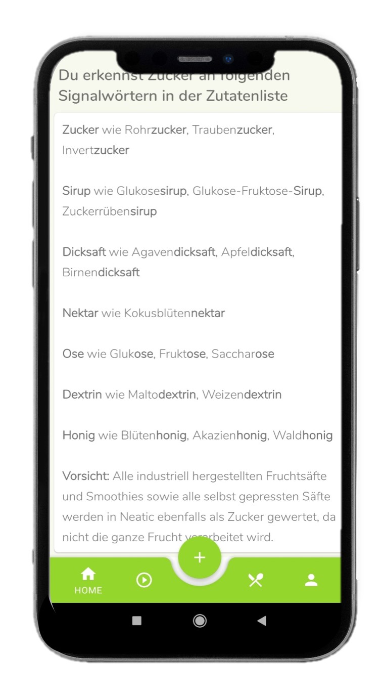 Abbildung von Neatic-App auf dem Handy: Signalwörter Zutatenliste