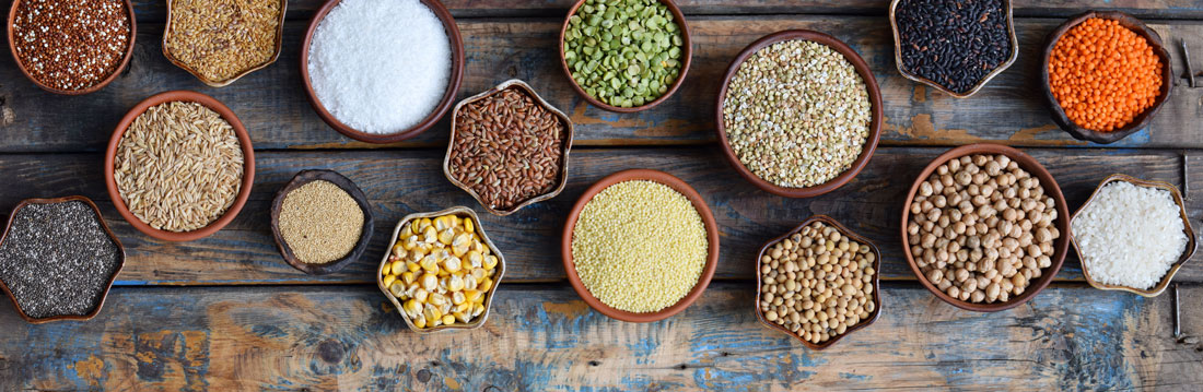 Auswahl von Eiweiß-Quellen: Getreide, Körner, Bohnen, Samen, Linsen, Mais, ungegarter Zustand