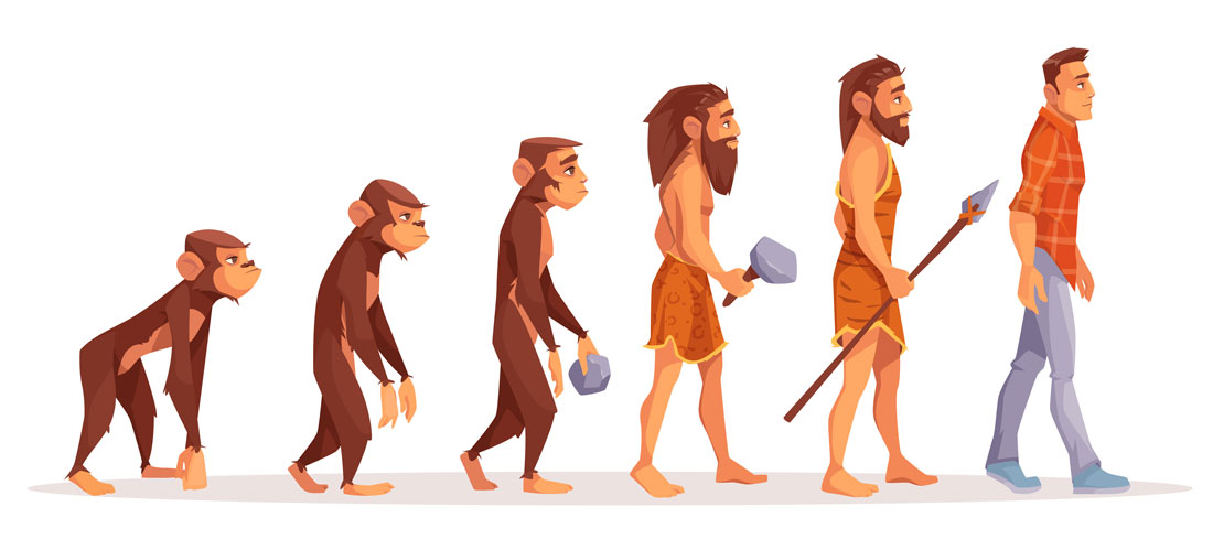 Cartoon der menschlichen Evolution von Affe bis moderner Mann von heute