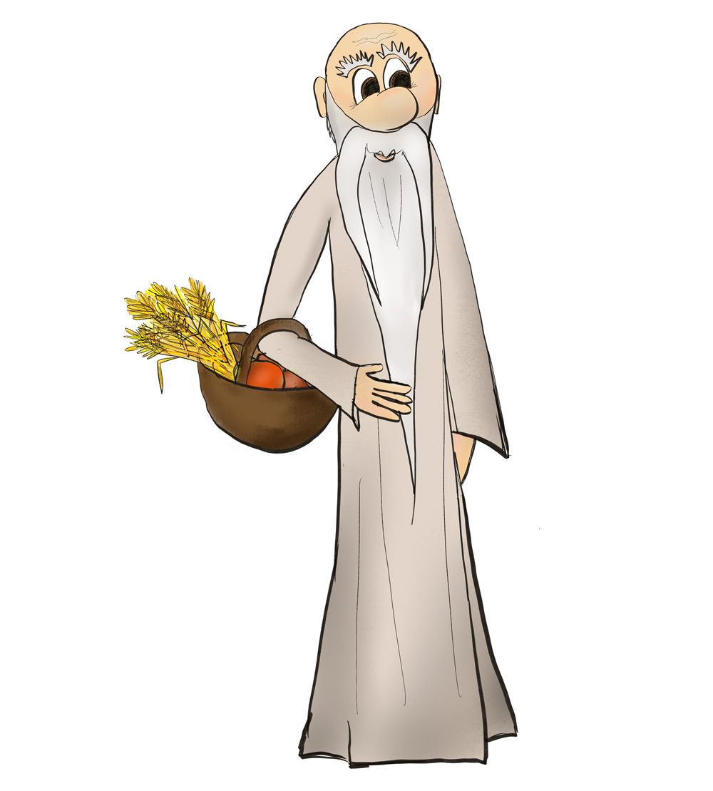 Hungerkünstler. Ein alter Mann, der ein Korb mit Ähren und Obst trägt