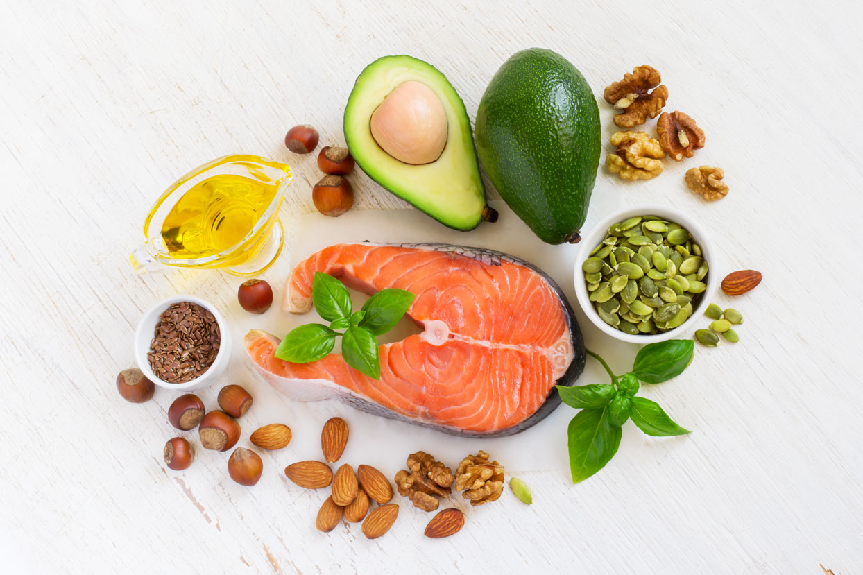 Ketogene Lebensmittelauswahl: Lachs, Avocado, Öl, Nüsse, Samen. Beitrag Ketogene Diät.