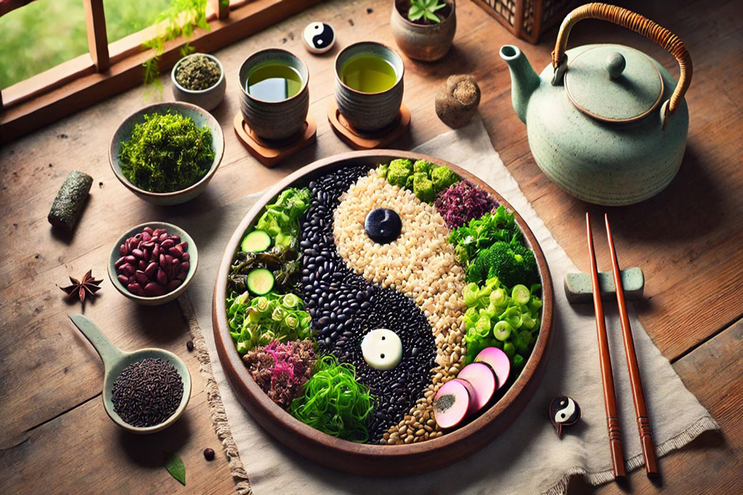 blog Ein wunderschön arrangiertes makrobiotisches Mahl, das das Yin-Yang-Symbol integriert.