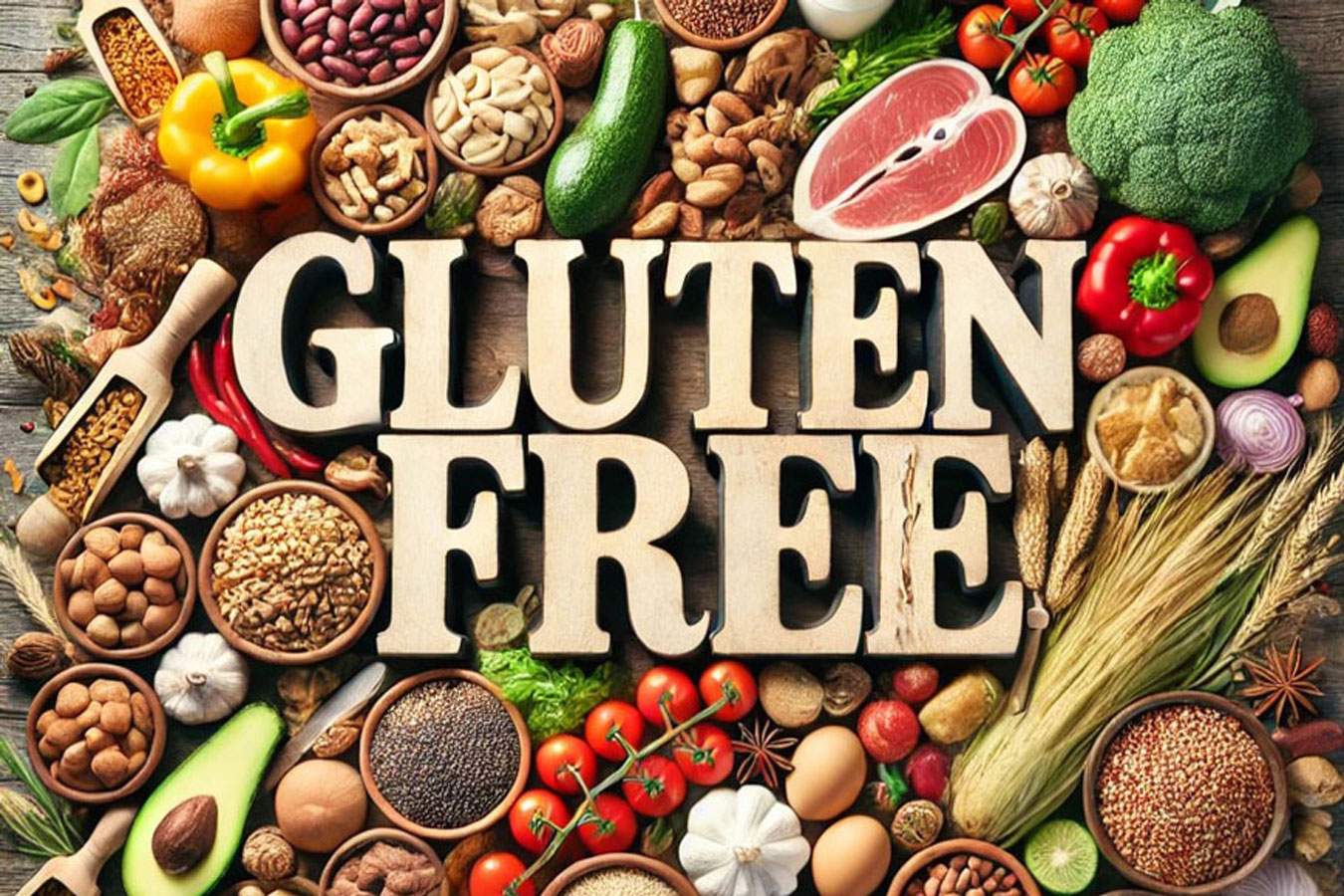 blog Viele verschiedene Lebensmittel liegen um den Schriftzug "gluten free".